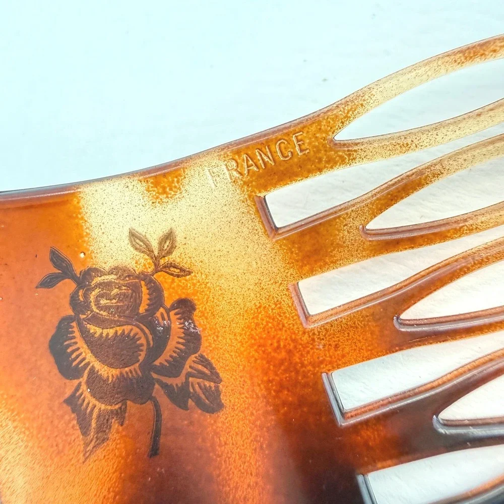 Vintage France Hair Side Comb Gold Rose Floral Accessory